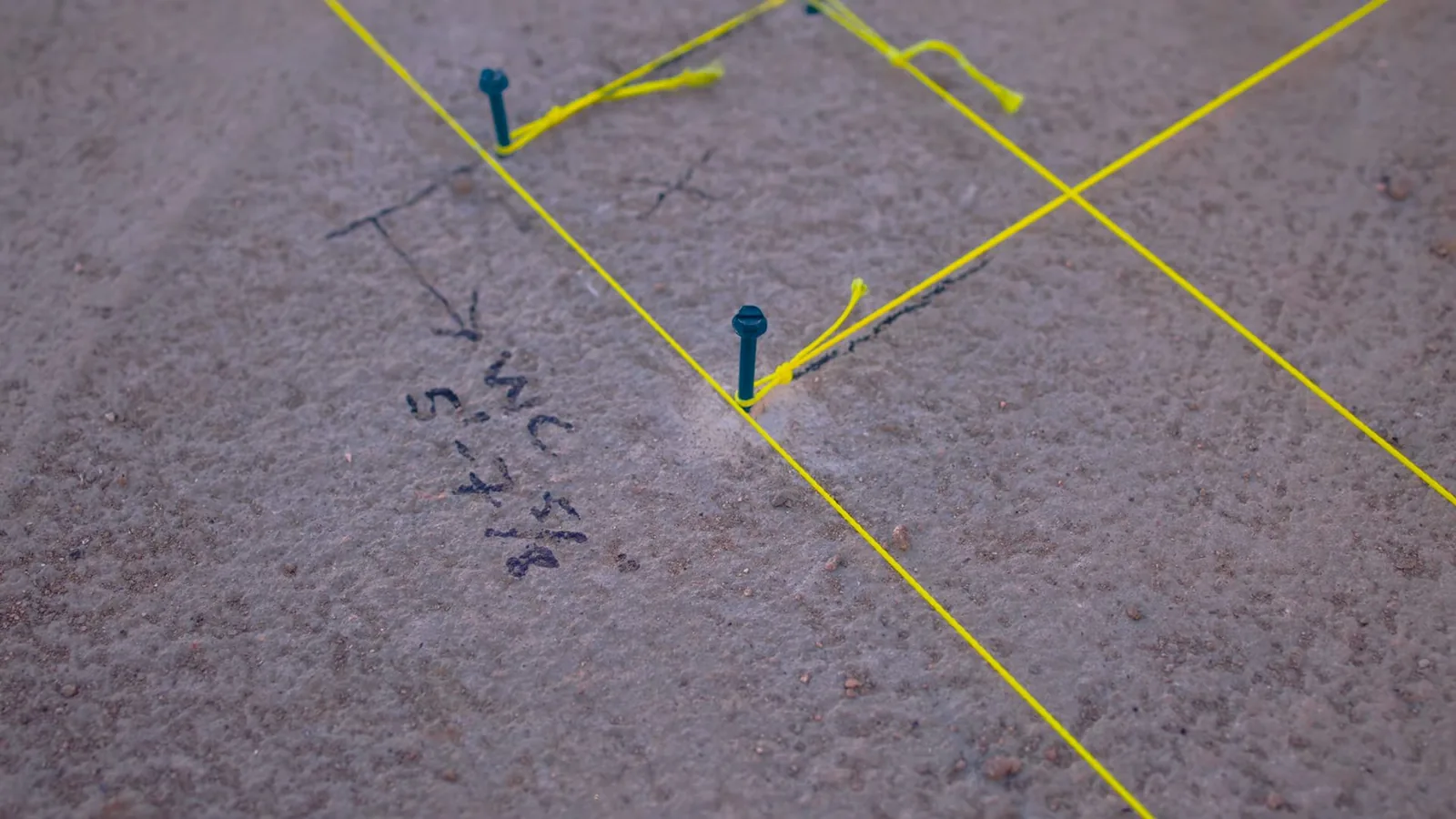 Concrete slab floor marked with a yellow string grid and handwritten notes showing a pipe route.