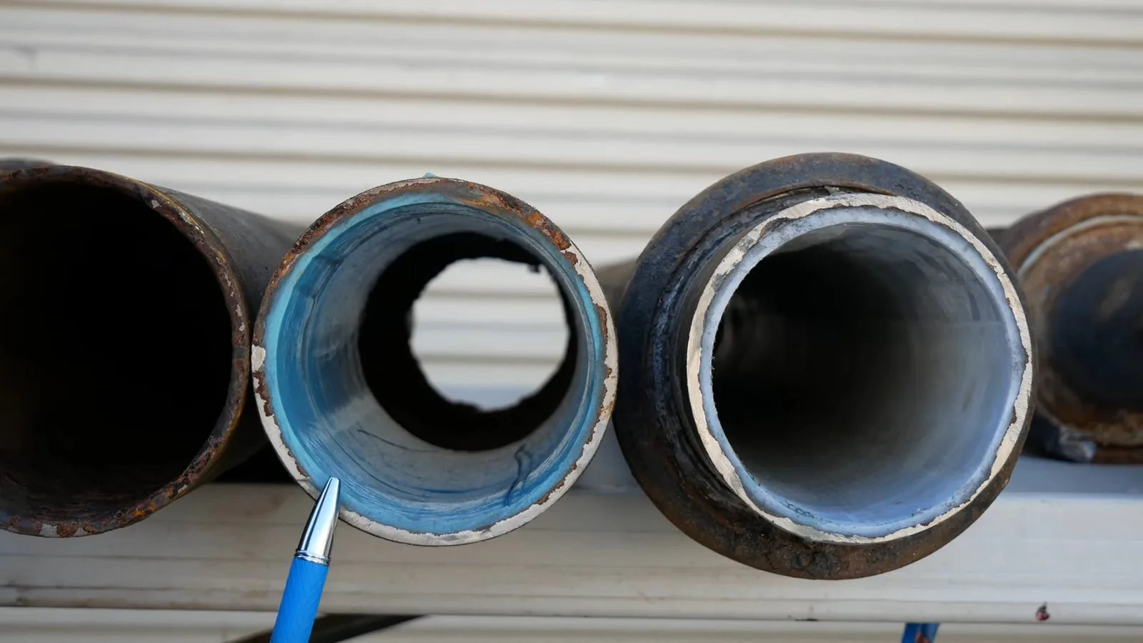 Cut ends of old pipe lined up on a shelf, one with a blue cured liner inside it and a pen pointing at the liner.