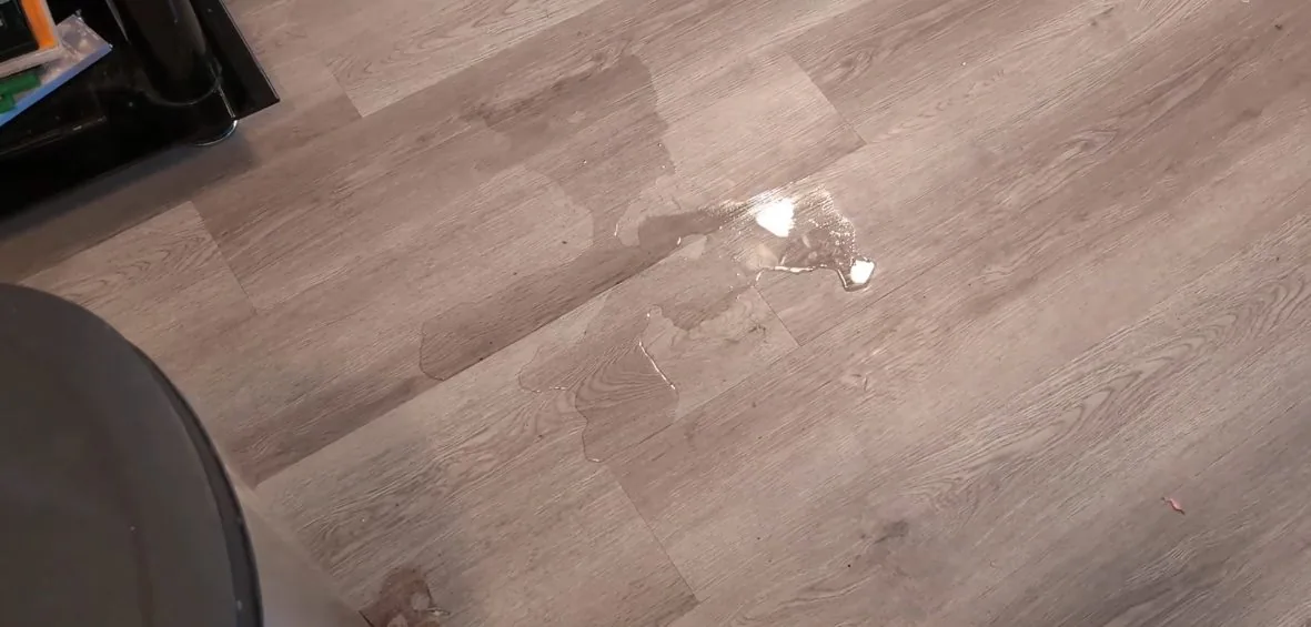 Small puddle of water on a wood-look vinyl plank floor.