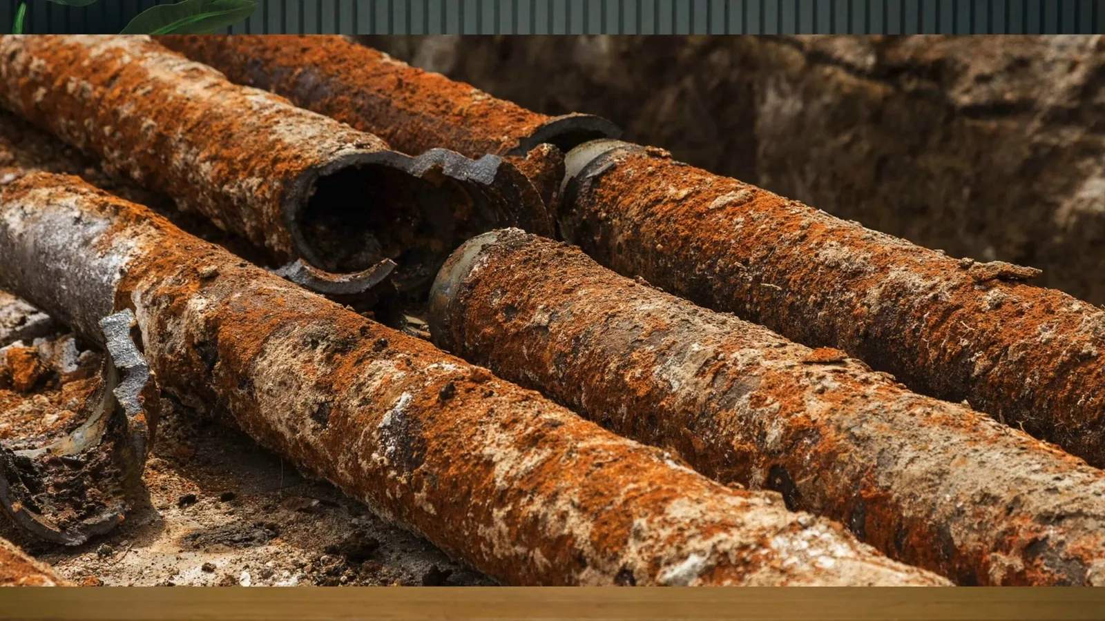 Three rusted cast-iron pipe sections lying on the ground, one with a broken end.
