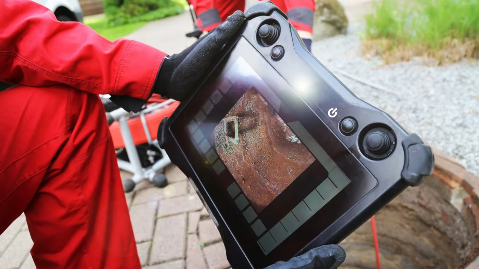 Worker in red coveralls holding a handheld monitor that shows a sewer camera view, beside a pipe opening.